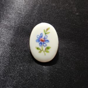 Vintage Porcelain Floral Oval Pin Handpainted - Blue Flower on White